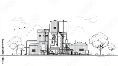 Architectural line drawing of an industrial factory complex.