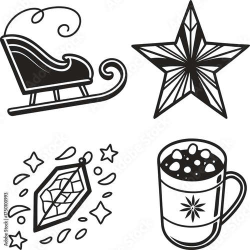 Christmas icons set sleigh star candy mug festive holiday symbols collection isolated on transparent background