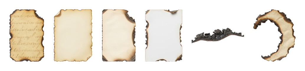 Burnt paper set including aged, blank, charred, and curled pieces isolated. Vintage document and graphic design elements.
