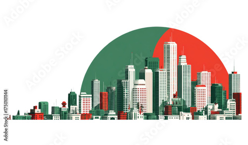 Modern city skyline vector illustration with colorful buildings.