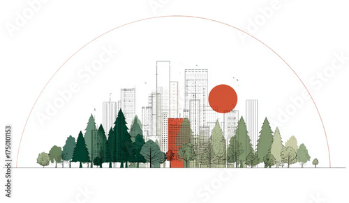 Abstract cityscape illustration with a dense green forest and red sun.