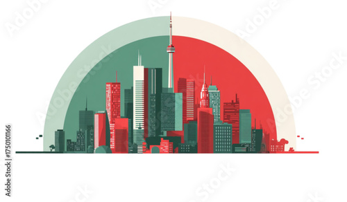 Stylized modern city skyline vector illustration with colorful arc.