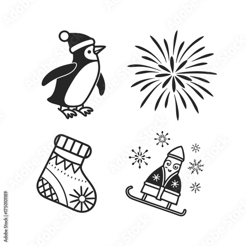 Festive christmas icons collection featuring santa penguin fireworks and stocking symbols isolated on transparent background