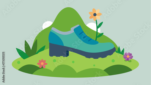 Footwear designed from biodegradable materials p on a bed of moss and wildflowers illustrating the harmony between fashion and the environment.