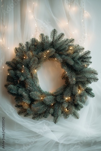 Beautiful Christmas Wreath With Lights Hanging on a Soft Backdrop