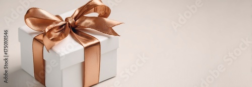 Elegant White Gift Box With a Brown Satin Ribbon Arranged on a Neutral Backgr...