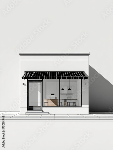 Minimalist modern storefront with a black awning and glass facade.