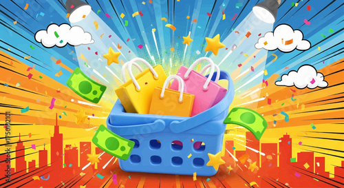 Pop art sale illustration for e-commerce. Shopping basket with cash for a special offer discount promotion