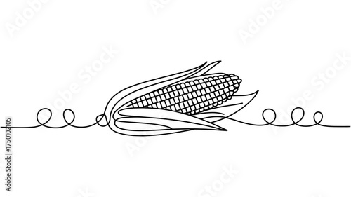 Elegant Line Art Illustration of Corn on the Cob with Decorative Swirls for Design Projects and Culinary Themes