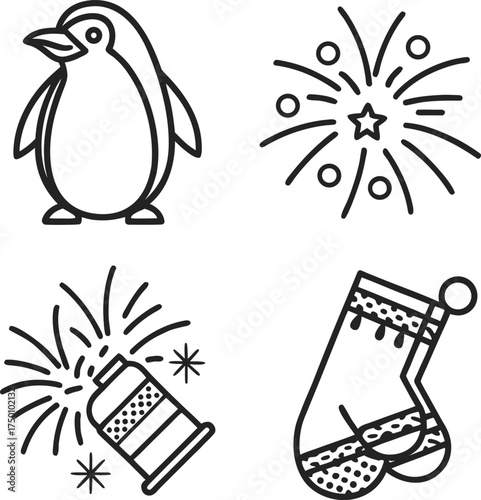 Christmas penguin fireworks stocking icons set festive winter holiday celebration symbols isolated on transparent background
