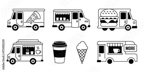 Black and white food truck icons offering pizza burger ice cream and coffee providing a street food festival concept