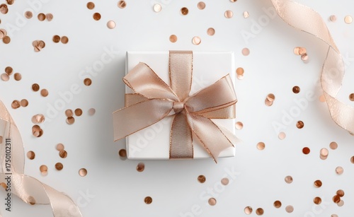 Gift Box With Ribbon Surrounded by Confetti on a Light Background in a Festiv...
