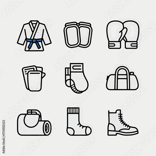 Martial Arts and Boxing Gear Outline Icons Set including Kimono Pads Gloves Mouthguard Training Gear Bag and Boots