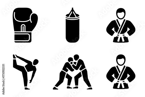 Martial Arts and Combat Sports Icons Set Representing Boxing Judo Wrestling and Fitness Training Activities