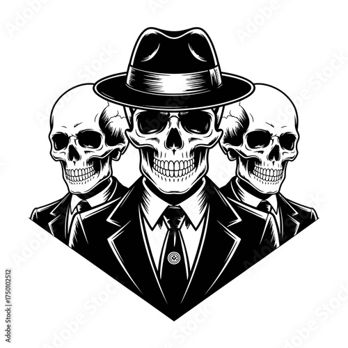 Mysterious Gang of Skeletons in Suits and Hats Vector Illustration for Dark Humor and Spooky Themes Depicting Power and Intrigue