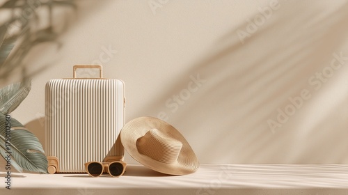Travel Essentials With Suitcase, Sunglasses, and Straw Hat on a Light Background