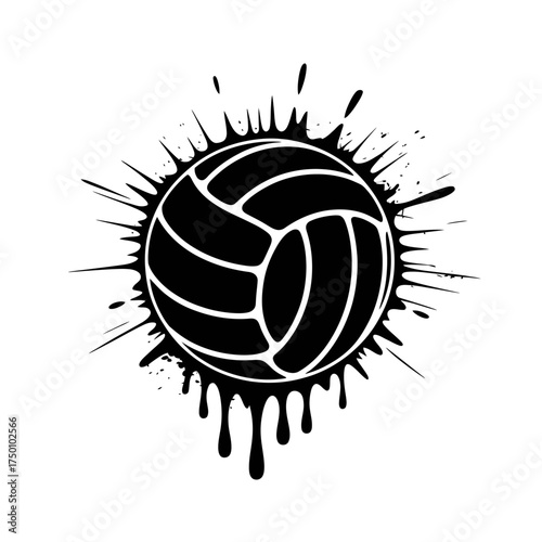 Volleyball Splash Design Black and White Illustration for Sports Graphics and Creative Projects Featuring Dripping Ink Effect