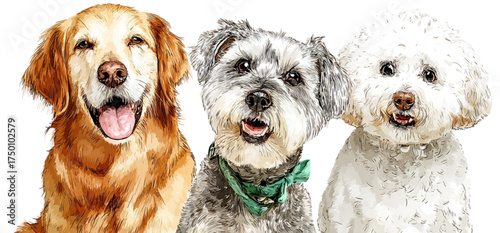 Artistic watercolor illustration of three happy friendly dogs.