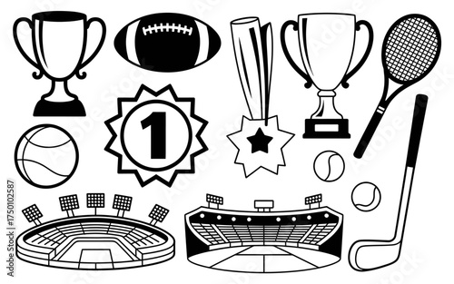 Sports icons and equipment illustrations for graphic design and web development projects including a stadium American football trophy and tennis racket