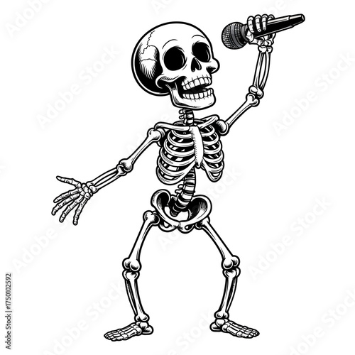 Energetic Skeleton Singer with Microphone Illustration for Halloween or Rock Music Designs Black and White Art
