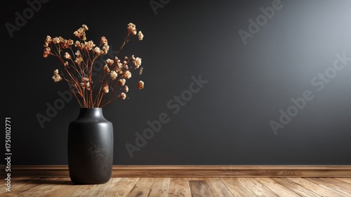 Elegant Dried Flower Arrangement in Black Vase Against Dark Wall and Wooden F...