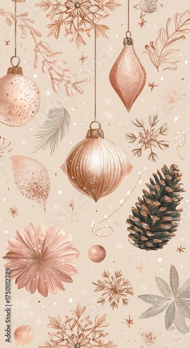 Winter Holiday Decorations With Pine Cones and Ornaments in Soft Colors