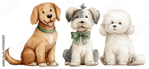 Charming watercolor illustration of three cute puppy friends.