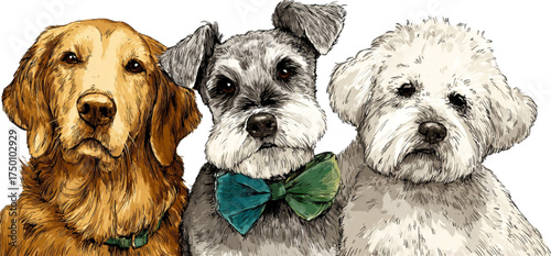 Charming watercolor portrait of three different dog breeds.