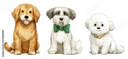 Charming Watercolor Illustration of Three Different Cute Dogs Sitting Together.