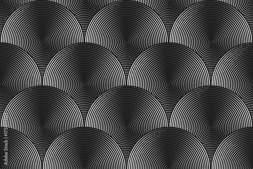 Circular discs with centric texture form scaly seamless pattern, Postmodern geometric ornament with simple shapes in monochrome color, bold aesthetic, Abstract modern composition in brutalism style