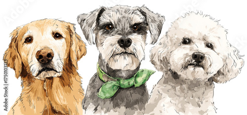 Artistic watercolor portrait of three friendly dog breeds.