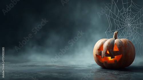 Halloween Pumpkin Glowing in the Dark With a Spooky Web in the Background Dur...