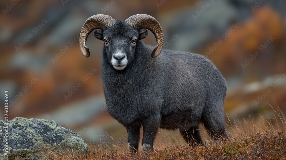 Fototapeta premium Majestic ram portrait with impressive horns in its natural autumn environment setting