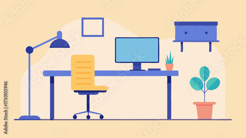 A minimalistic home office setup with a standing desk an ergonomic chair and inspiring wall art highlighting productivity and wellness.