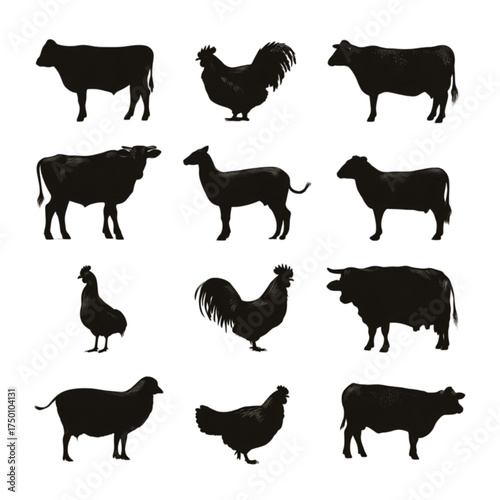 A diverse collection of farm animal silhouettes isolated on white.