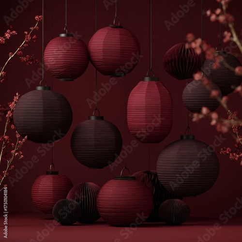 Elegant Red Lanterns and Floral Arrangement in Minimalistic Interior Design S...