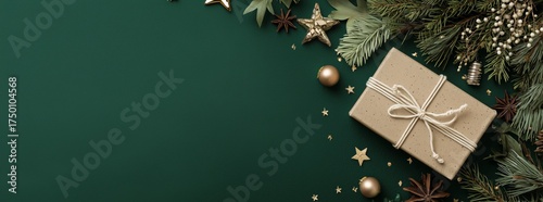 Festive Holiday Gift Decoration With Natural Elements and Stars on Green Back...