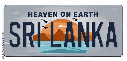 
Sri Lanka Heaven on Earth Typography License Plate Style with Sunset Mountain Silhouette Travel Design Vector