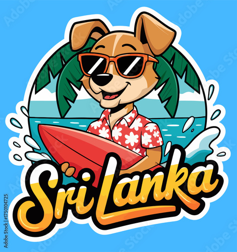 Sri Lanka Dog Surfer Cartoon Character with Sunglasses on Surfboard Tropical Beach Vector Illustration Sticker