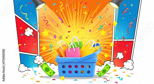 Pop art sale illustration showing a shopping basket special offer for an online shopping retail promotion