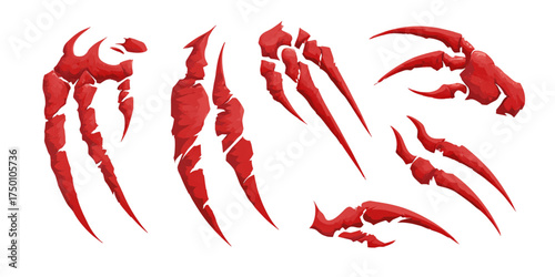 Collection of fierce red monster claw rips and scratches.