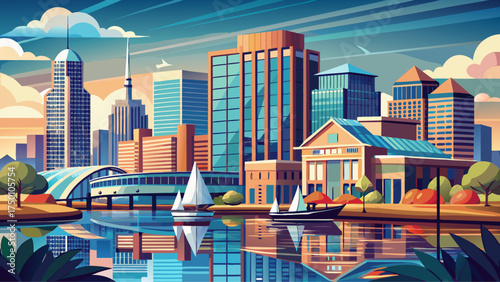 Very beautiful Norfolk, Virginia downtown on the Elizabeth River, vector-style waterfront cityscape with calm waves and modern architecture.