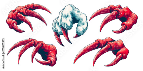 Set of illustrated red and icy monster claws with sharp talons.