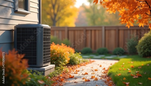 Modern heat pump unit stands outside suburban home in autumn. Backyard green grass, stone pathway, vibrant orange fall foliage, many fallen leaves. Provides efficient climate control system for