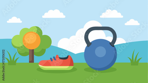 A kettlebell resting on grass with a pair of sneakers nearby set amidst a sunny outdoor fitness session.