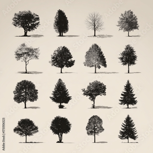 A diverse collection of sixteen different tree silhouettes arranged in a grid.
