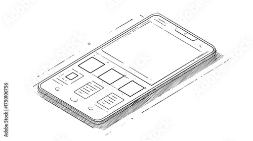 Isometric technical drawing of a modern smartphone device.