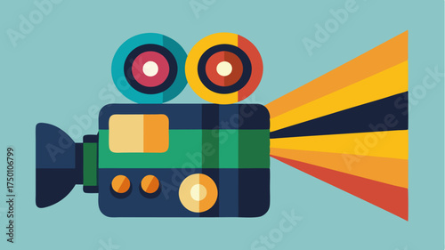 A stylized vintage camera with a lens reflecting a colorful burst of film scenes symbolizing the magic of filmmaking.