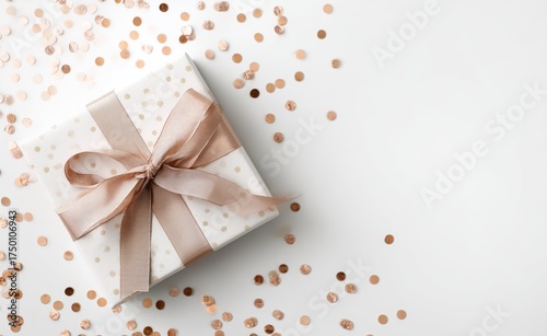 Gift Box With Ribbon and Confetti Scattered on a White Surface During a Celeb...
