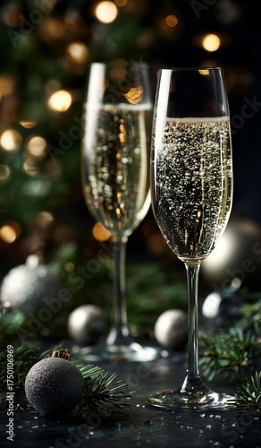 Champagne Glasses Ready for Celebration Near Decorated Christmas Tree With Gl...